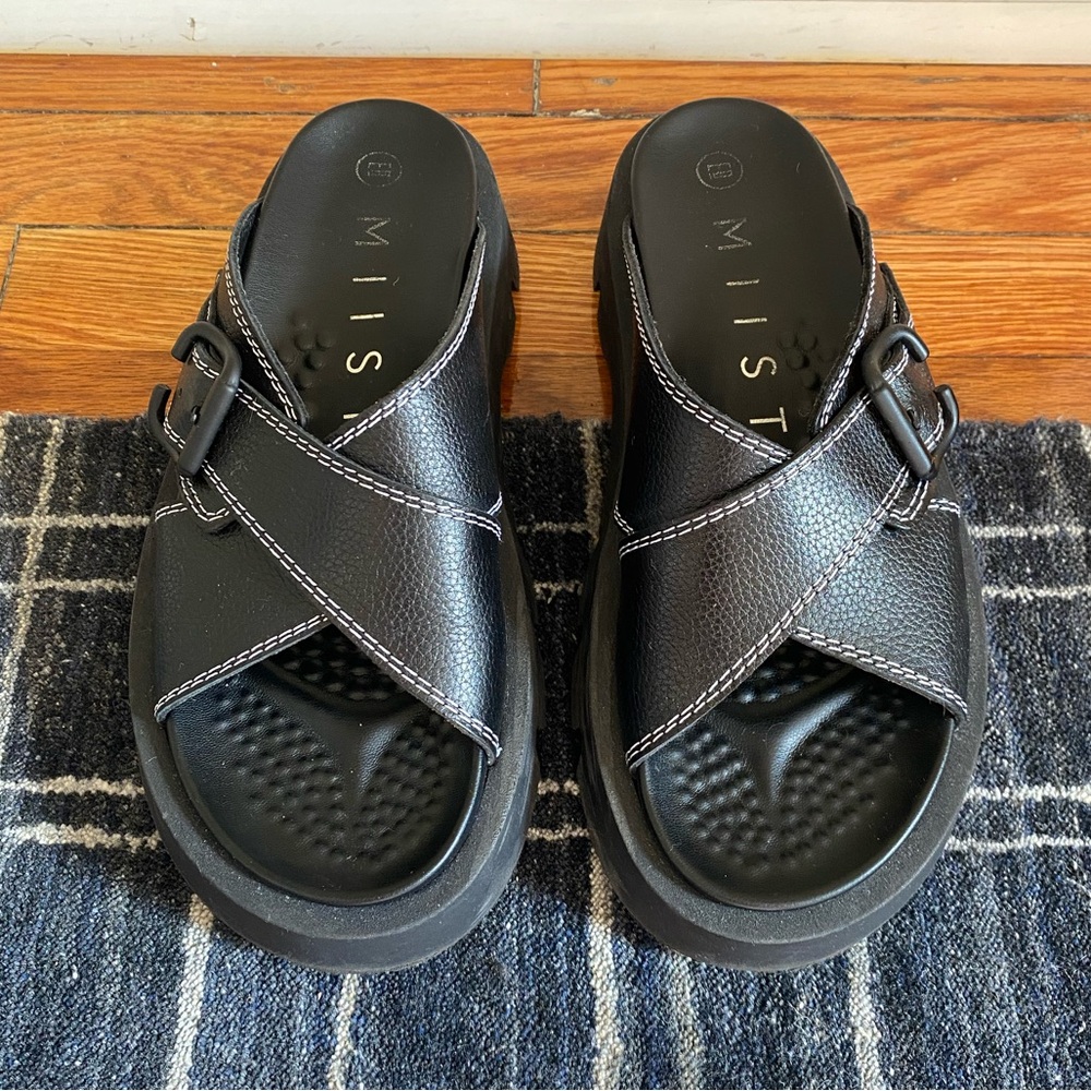 Miista Lacey Black Contrast Stitch Slide Sandals